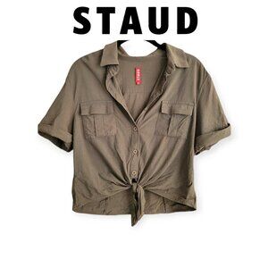 STAUD Olive Green Front Tie Button Up Shirt Sustainable Bamboo Cotton Size M Top
